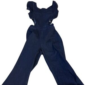 Dark Wash Denim Ruffle Sleeve Cutout Back Flare Leg Jumpsuit Blue Retro Festival